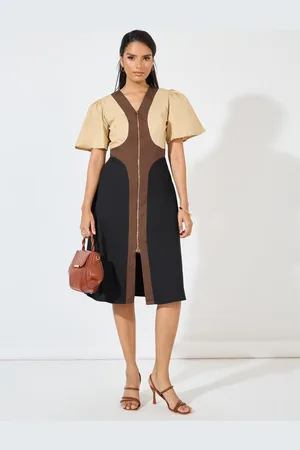 Styli Women Colorblocked Midi Length Front Zipper Dress