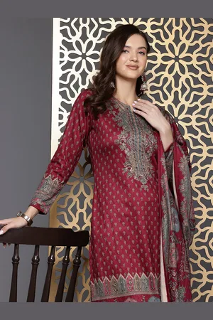 Cayman Ethnic Motifs Beads & Stones Pure Wool Kurta With Trousers & Dupatta