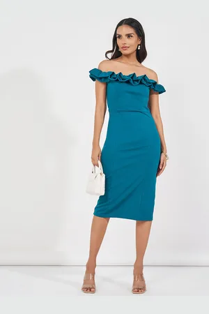Styli Women Solid Ruffled Off Shoulder Neck Sheath Midi Dress