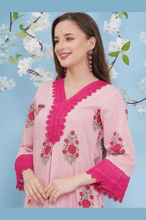 Bhama Couture Floral Printed V-Neck A-Line Kurta with Palazzos