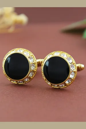 PELUCHE Black & Gold-Toned Rhodium-Plated Embellished Round Cufflinks