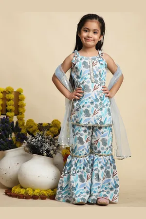 Cutiekins Girls Floral Printed Gotta Patti A-Line Kurta With Sharara & Dupatta