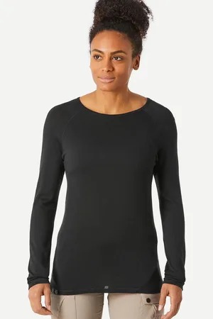 DECATHLON Women Solid Black 100% Merino Wool Long-Sleeve Travel T-Shirt