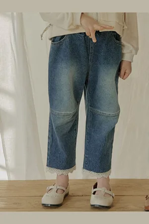 LULU & SKY Girls Cotton Heavy Fade Clean Look Straight Leg Lace Hem Jeans