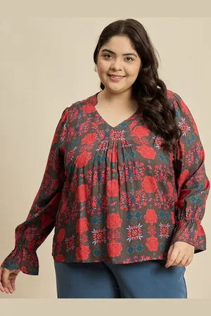Sztori Women Plus Size Long Sleeves Floral Printed Bell Sleeve Top