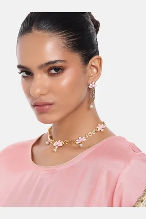 ESTELE Women Gold-Plated Pearl Studded Floral Necklace with Earrings