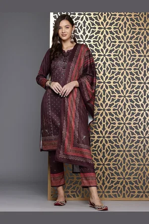 Cayman Ethnic Motifs Beads & Stones Pure Wool Kurta With Trousers & Dupatta