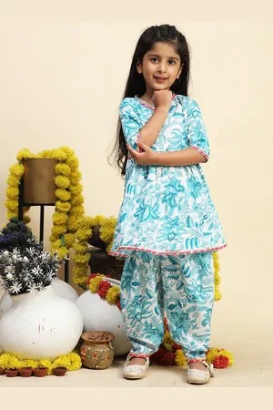 Cutiekins Girls Floral Printed Regular Gotta Patti Kurta with Dhoti Pants