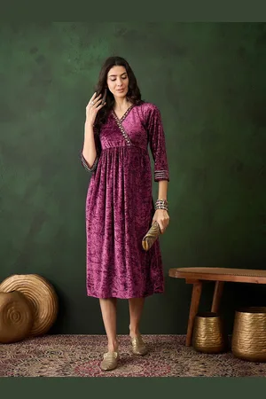 Sangria Women V-Neck Velvet Angrakha Anarkali Dress