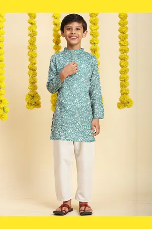 Cutiekins Boys Paisley Printed Band Collar Pure Cotton Straight Kurta With Pyjamas