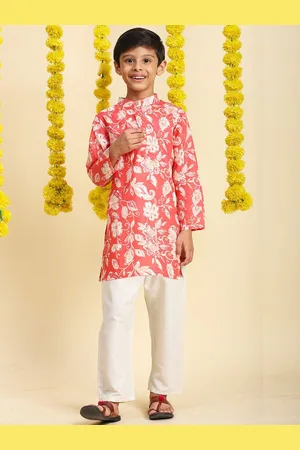 Cutiekins Boys Floral Printed Band Collar Pure Cotton Straight Kurta With Pyjamas