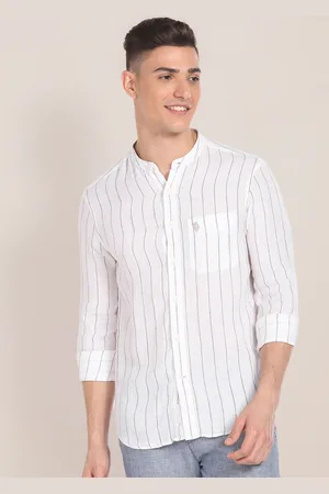 U.S. Polo Assn. Regular Fit Long Sleeves Mandarin Collar Linen Opaque Striped Casual Shirt