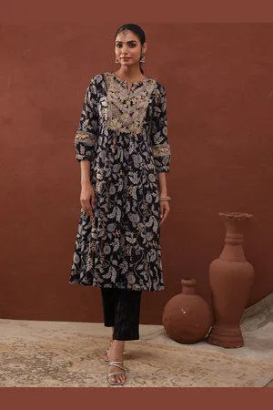 HERE&NOW Floral Printed Sequinned Anarkali Kurta With Trouser