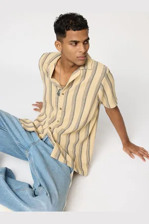 FREAKINS Men Cuban Collar Vertical Striped Cotton Relaxed Fit Casual Shirt