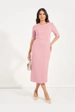 Styli Women Solid Button Detail Sheath Midi Dress with Front Slit
