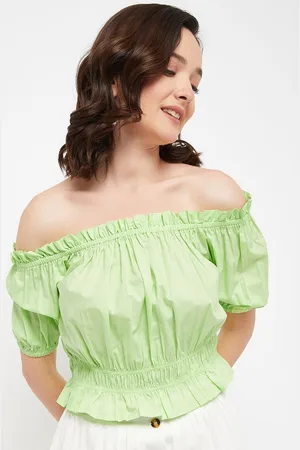 MADAME Women Off-Shoulder Puff Sleeve Solid Bardot Top