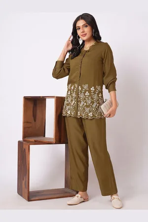 Kalini Floral Embroidered V-Neck Long Sleeves Shirt With Trouser