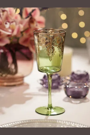 Pure Home and Living Green & Gold Toned 2 Pieces Printed Wine Glasses 200ml