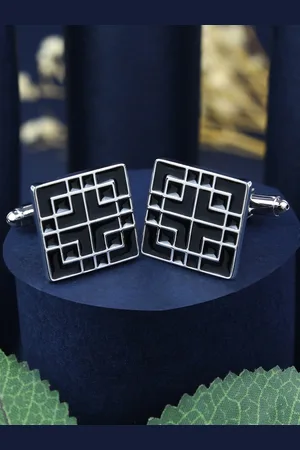 PELUCHE Men Black & Silver-Toned Geometric Cufflink