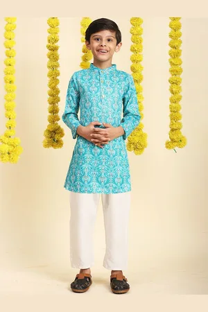 Cutiekins Boys Ethnic Motifs Printed Band Collar Pure Cotton Straight Kurta With Pyjamas