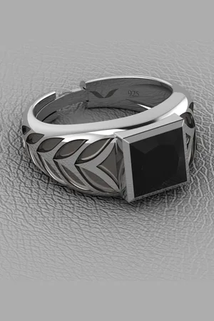 Vitra Men 925 Sterling Silver Rhodium-Plated Onyx-Studded Ring