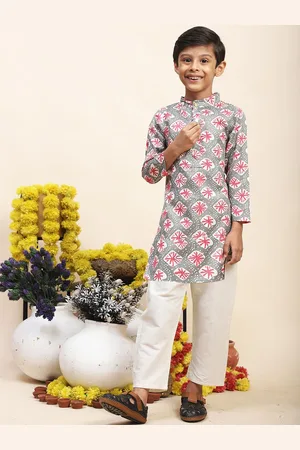 Cutiekins Boys Abstract Printed Band Collar Pure Cotton Straight Kurta With Pyjamas