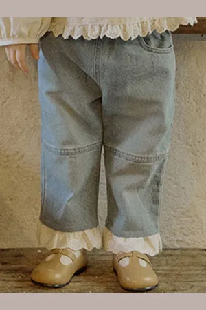 LULU & SKY Girls Straight Fit High-Rise Low Distress Lace Hem Light Fade Jeans