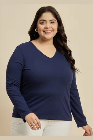 CURVY STREET Women Solid V-Neck Cotton Plus Size T-shirt
