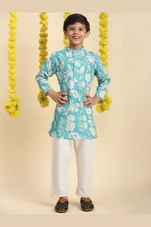 Cutiekins Boys Floral Printed Mandarin Collar Cotton Straight Kurta with Pyjamas