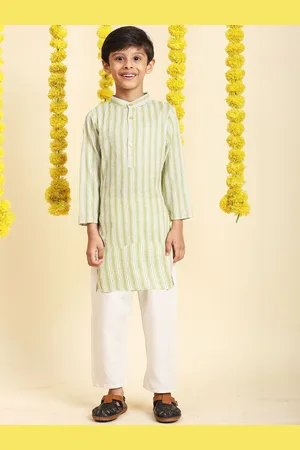Cutiekins Boys Striped Printed Band Collar Pure Cotton Straight Kurta With Pyjamas