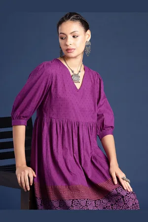 Taavi Floral Printed V-Neck Puff Sleeves Pure Cotton Bagh Ethnic Dresses