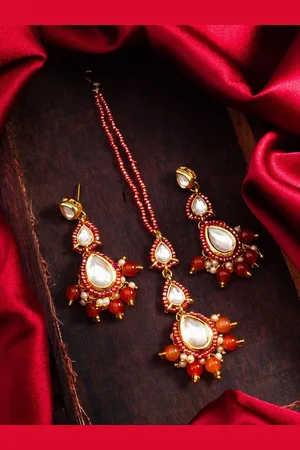 Aadita Gold-Plated Kundan Studded Maang Tika and Earrings