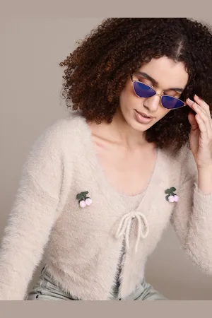 Roadster Women Fuzzy Finish Embroidered Woollen Crop Open Front Sweater with Inner Vest