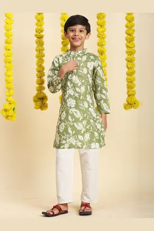 Cutiekins Boys Floral Printed Straight Cotton Kurta with Pyjamas