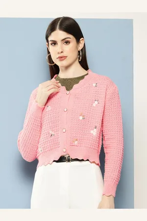 Chemistry Women Woollen Crop Cardigan with Floral Embroidered Detail