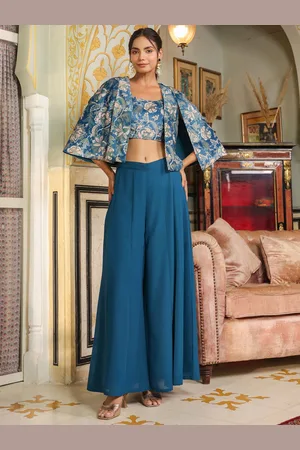 Janasya Women Teal Blue Velvet Floral Printed Crop Top with Palazzo & Cape Set