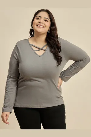 CURVY STREET Women Solid V-Neck Cotton Plus Size T-shirt