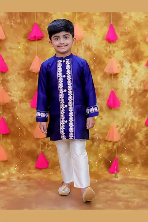 KID1 Boys Floral Embroidered Silk Sherwani Set