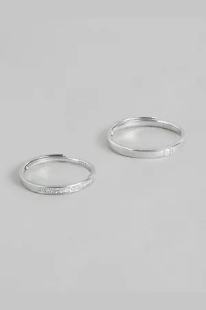 Zavya Set Of 2 Rhodium-Plated 925 Sterling Silver CZ Studded Adjustable Couple Rings