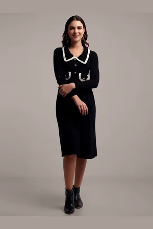 iki chic Women Self Design Peter Pan Collar Fit & Flare Midi Dress
