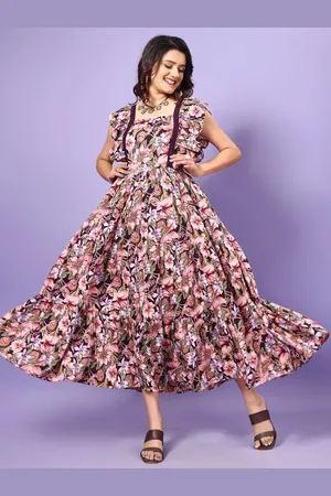 Kalini Women Floral Printed Square Neck Fit and Flared Maxi Dress