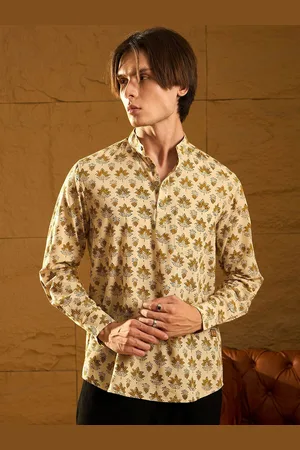 DENNISON Floral Block Printed Mandarin Collar Cotton Short Kurta