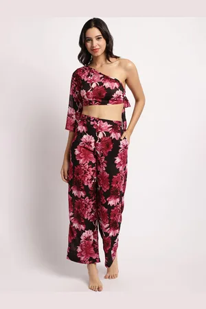 Erotissch Purple Floral Printed One Shoulder Relaxed-Fit Top With Trouser