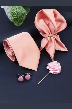 Kavove Men Set of 4 Necktie, Pocket Square, Cufflinks, & Brooch Accessories Gift Sets