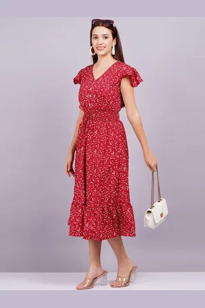 JC4U Womens Floral Print Crepe Fit & Flare Midi Dress
