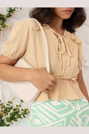 DressBerry Girly Glam Tie-Up Seersucker Ruched Peplum Crop Top