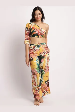 Erotissch Yellow Tropical Printed One Shoulder Relaxed-Fit Top With Trouser