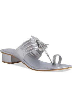 ERIDANI Silver-Toned Embellished Block Sandals with Tassels