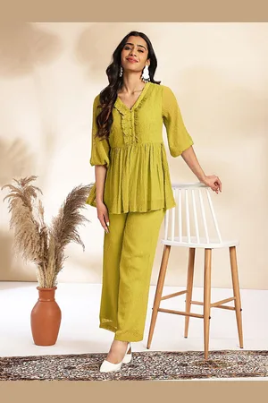 Janasya Self Design Ruffled V-Neck Tunic With Trousers