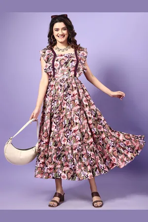 Kalini Women Floral Printed Square Neck Fit and Flared Maxi Dress